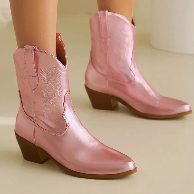 Chaussures santiags pour femme Carla Yehaw rose, en cuir avec détails élégants, taille 35, style western moderne.