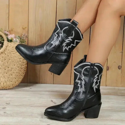 Chaussures santiags pour femme Yehaw Carmela en cuir noir, style élégant et moderne, pointure 36.