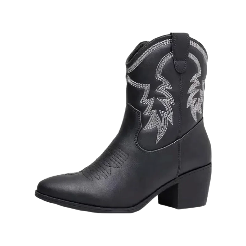 Chaussures santiag pour femme Yehaw Carmela en noir, vue en gros plan, détails du design en cuir élégant.