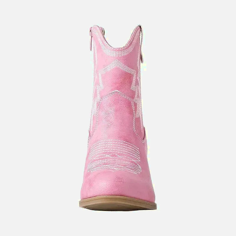 Chaussures santiags pour femme Yehaw Carmela en rose, style élégant et moderne, vue de face sur fond blanc.