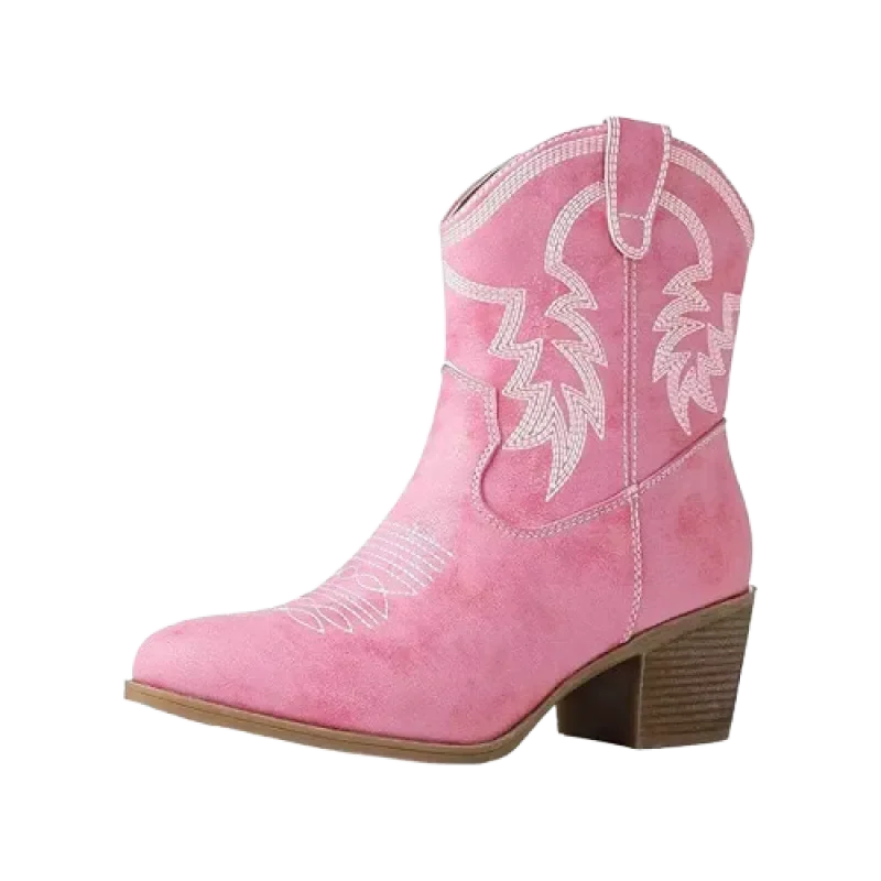 Chaussures santiags pour femme CARMELA Yehaw en rose, vue de face, en cuir avec détails élégants.