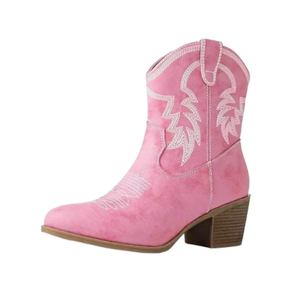 Chaussures santiags pour femme CARMELA Yehaw en rose, vue de face, en cuir avec détails élégants.