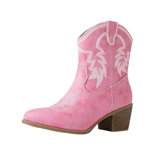 Chaussures santiags pour femme CARMELA Yehaw en rose, vue de face, en cuir avec détails élégants.