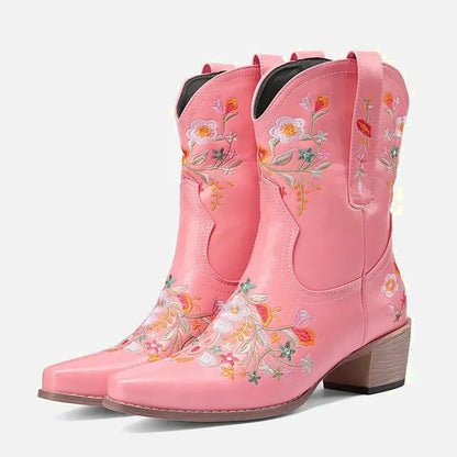 Chaussures santiags pour femme Yehaw Carmen en rose, vue de côté, avec design élégant et détails en cuir.
