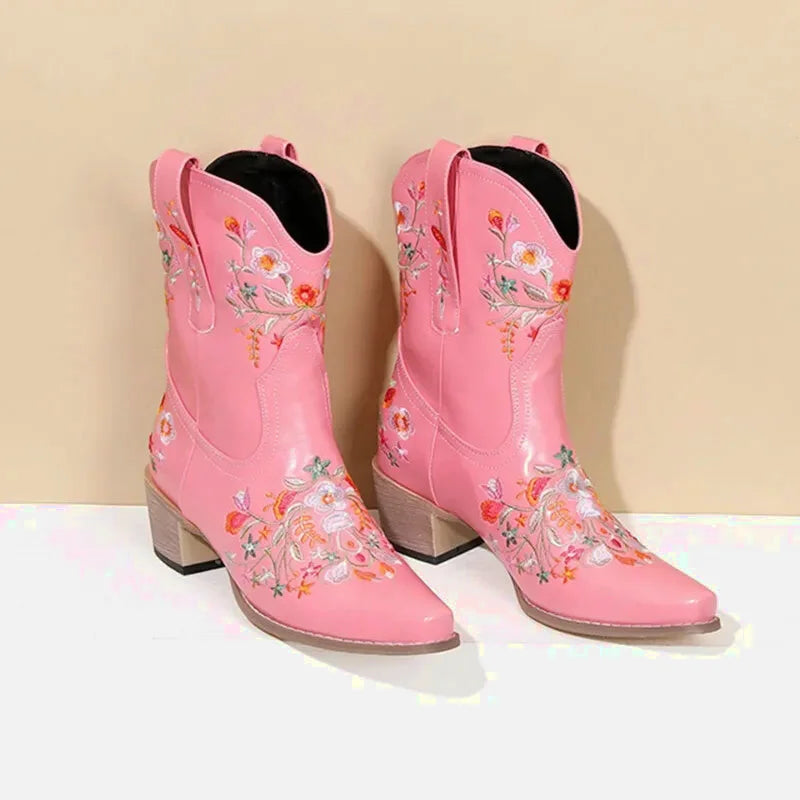 Chaussures santiag pour femme Yehaw Carmen Santiag Rose, talons moyens, élégantes et tendance, en cuir rose.