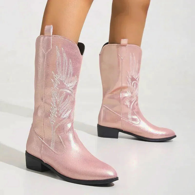 Chaussures santiag pour femme Yehaw Catalina en rose, avec détails en cuir et semelle robuste, style élégant et tendance.
