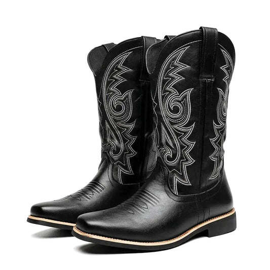 Bottes vaqueras pour homme Yehaw MX CAYO en cuir noir, style cowboy avec talon et détails classiques.