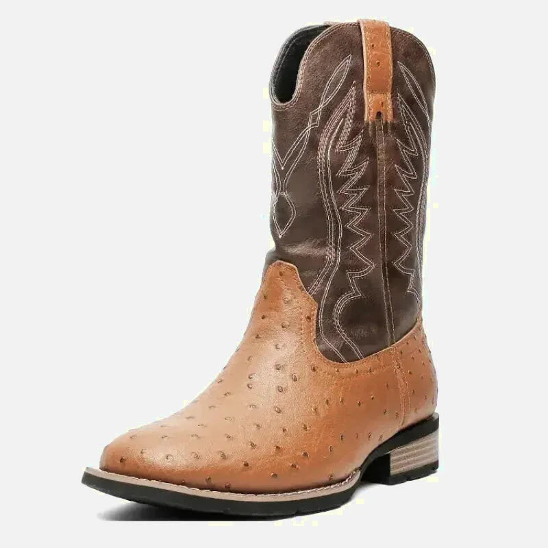 Chaussures charro pour homme Yehaw marron, santiags en cuir, avec détails traditionnels et semelle robuste.