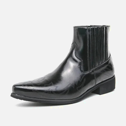 Chaussures santiag pour homme Yehaw en noir, style robuste et élégant, en cuir avec détails de couture visibles.