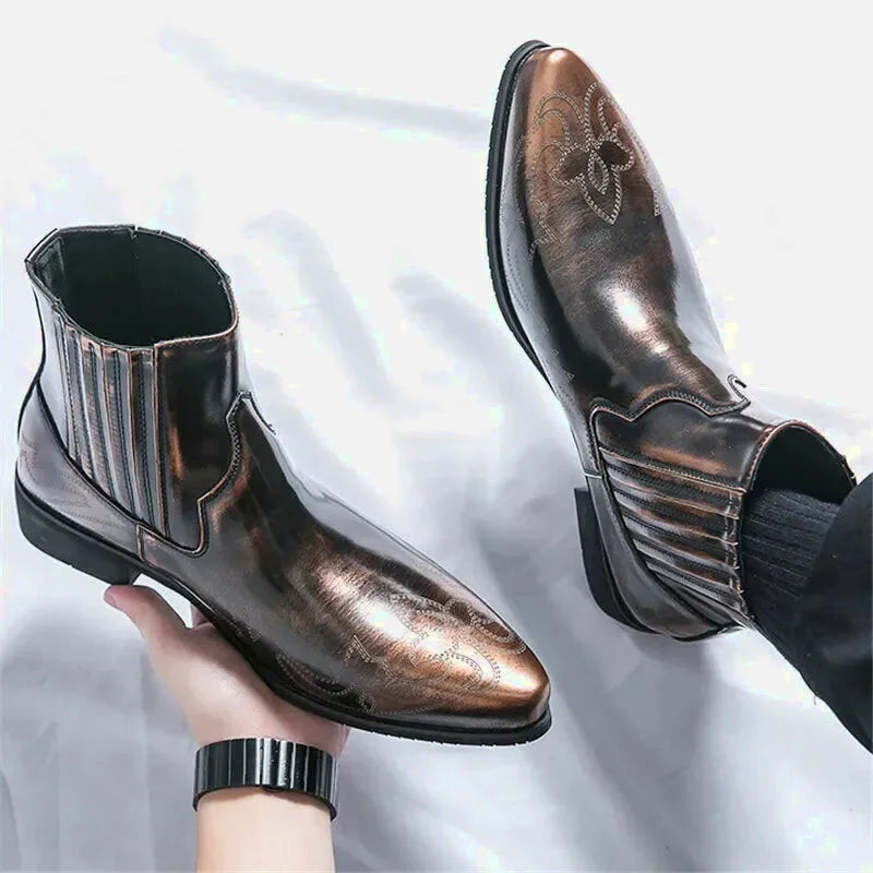 Bottes santiag pour homme Yehaw en or, en cuir, avec détails de couture, style western élégant et moderne.
