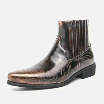 Chaussures Santiag pour homme Yehaw en or, design classique en cuir avec semelle solide et détails élégants.