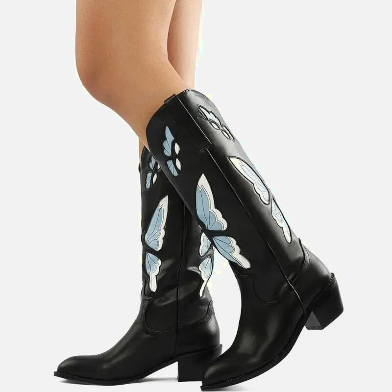 Chaussures santiag pour femme Yehaw Clara en noir et bleu, style élégant avec détails en cuir, pointure 35.