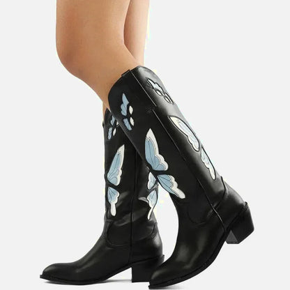 Chaussures santiag pour femme Yehaw Clara en noir et bleu, style élégant avec détails en cuir, pointure 35.