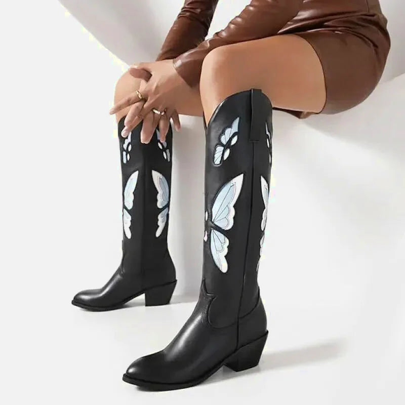 Chaussures santiags pour femme Yehaw Clara en noir et bleu, en cuir avec détails de style western.