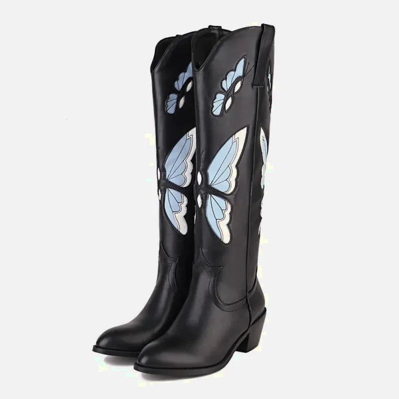 Chaussures santiags pour femme Yehaw Clara en noir et bleu, style élégant avec détails modernes.