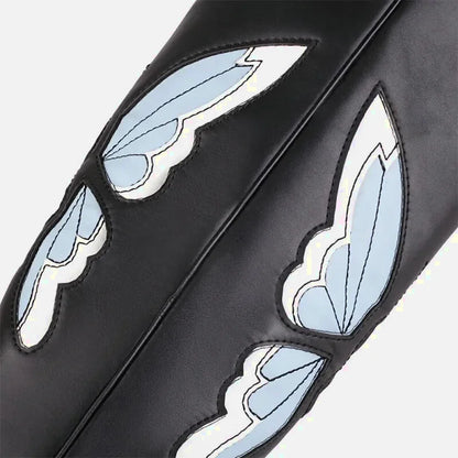 Chaussures santiags pour femme Yehaw Clara en noir et bleu, avec détails en cuir et talon moyen.