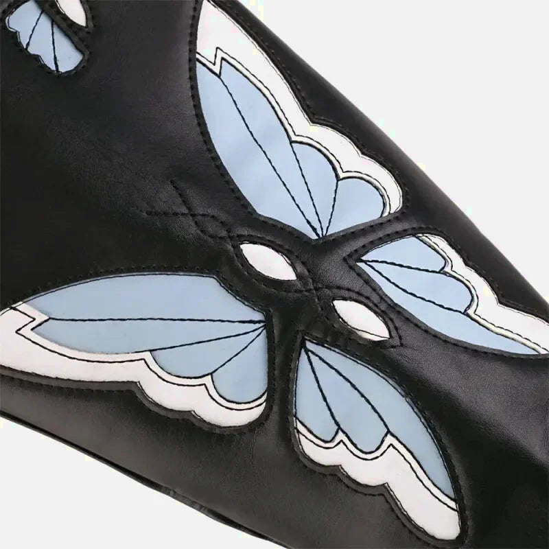 Chaussures santiag pour femme Yehaw Clara en noir et bleu, design élégant avec détails en cuir et talon moyen.