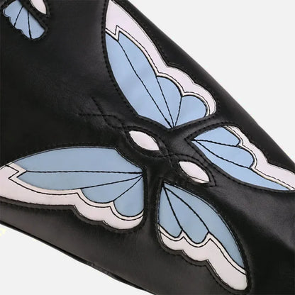 Chaussures santiag pour femme Yehaw Clara en noir et bleu, détail de la texture en cuir et design élégant.