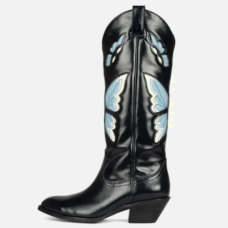 Chaussures santiags pour femme Yehaw Clara en noir et bleu, style élégant et moderne, visibles en gros plan.