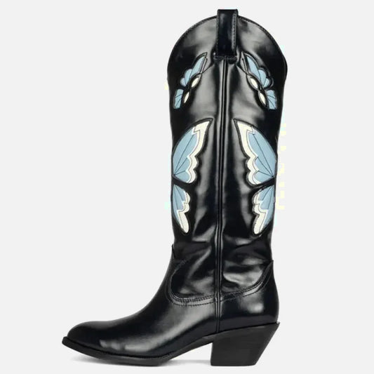 Chaussures santiags pour femme Yehaw Clara en noir et bleu, style élégant et moderne, visibles en gros plan.