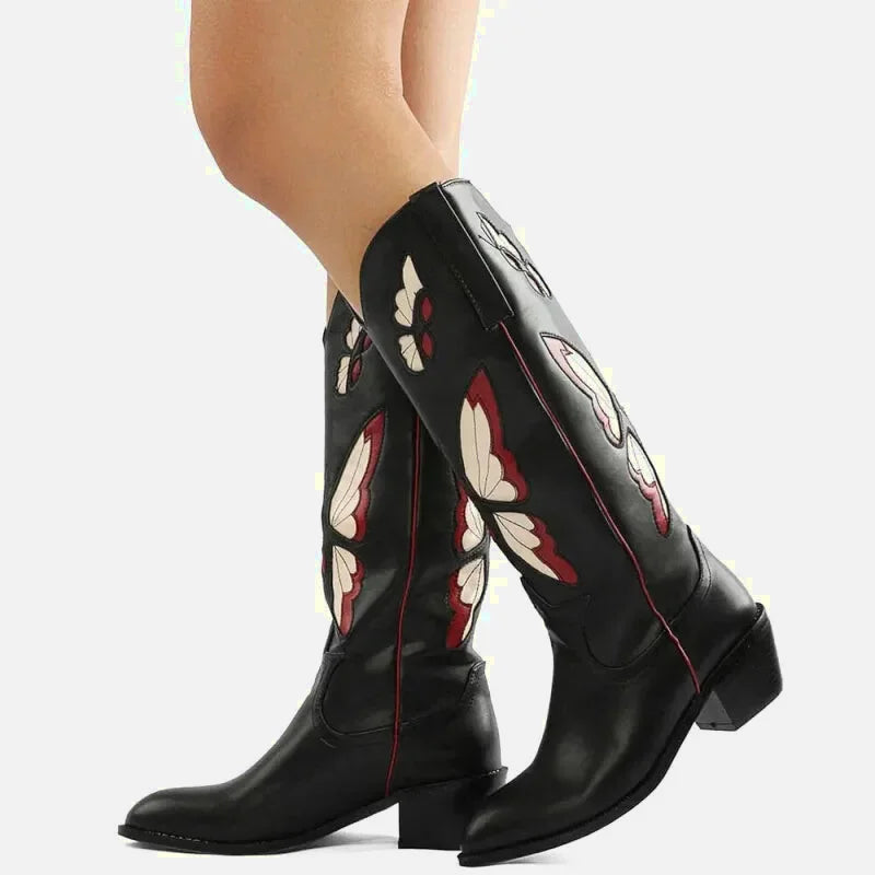 Chaussures santiags pour femme YEHaw Clara en noir, avec détails élégants et talon moyen, vue de face sur fond neutre.