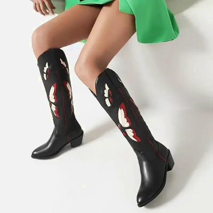 Chaussures santiag pour femme Yehaw Clara en cuir noir, vue de côté avec détails de la finition élégante.