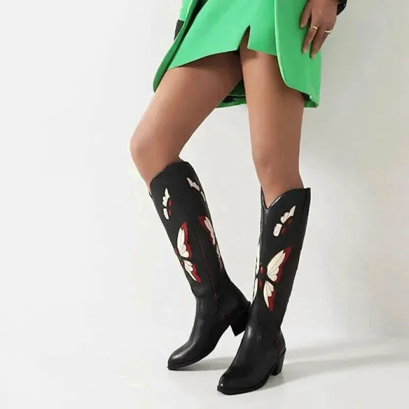 Chaussures santiags pour femme Yehaw Clara en noir, en cuir, avec talon moyen et design élégant.