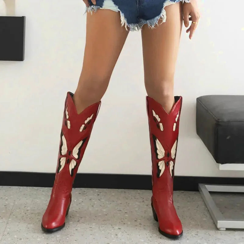 Chaussures santiag rouges pour femme CLARA de la marque Yehaw, en cuir, avec talon, vue de profil.
