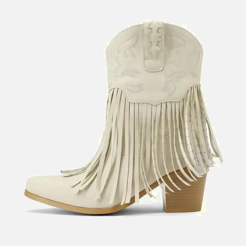 Chaussures santiags pour femme Yehaw Dalia en beige, style élégant avec détails classiques, vue de côté.
