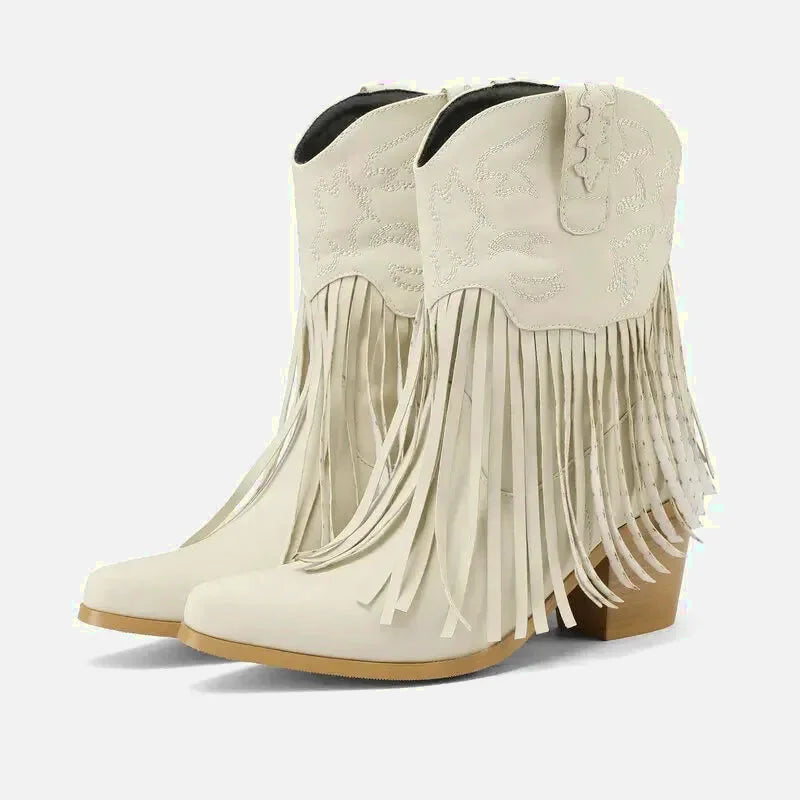 Chaussures santiags pour femme Yehaw Dalia en beige, élégantes et mode, avec talon et détails en cuir.
