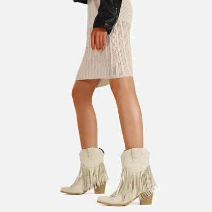 Chaussures santiag pour femme Yehaw Dalia en beige, en cuir avec détails élégants, vue de profil.