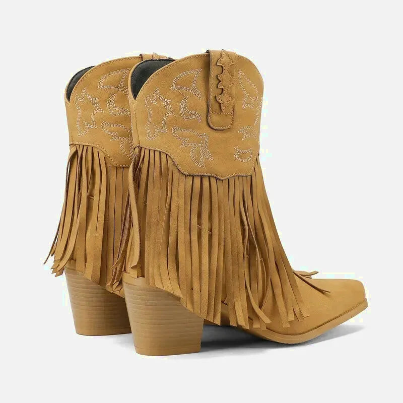 Chaussures santiag pour femme Yehaw Dalia en marron, vue de face avec détails du tissu et de la semelle.