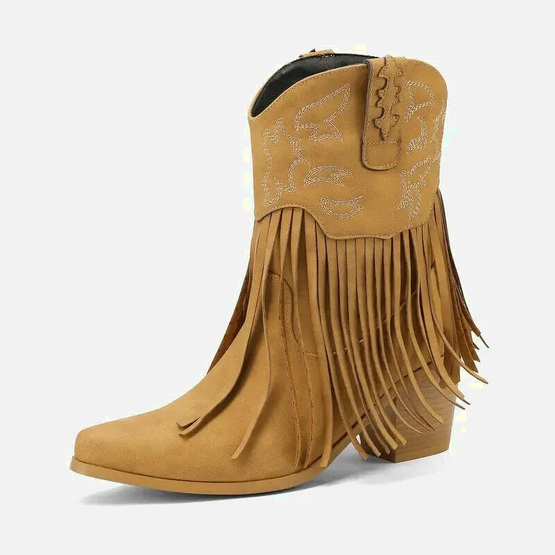 Chaussures santiags pour femme Yehaw Dalia en cuir marron, style élégant et confortable, vue de face et détails du talon.