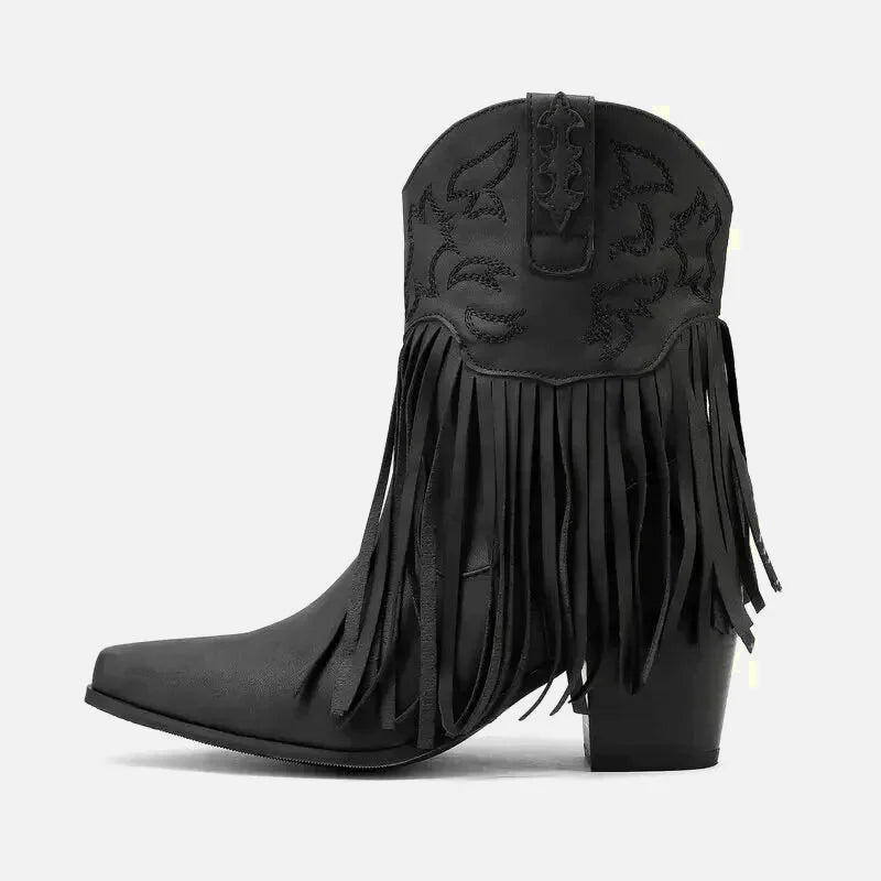 Chaussures santiag pour femme Yehaw Dalia en noir, avec détails élégants, vues de face et de côté.
