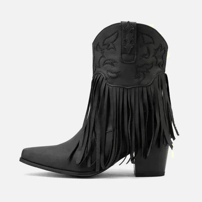 Chaussures santiag pour femme Yehaw Dalia en noir, avec détails élégants, vues de face et de côté.