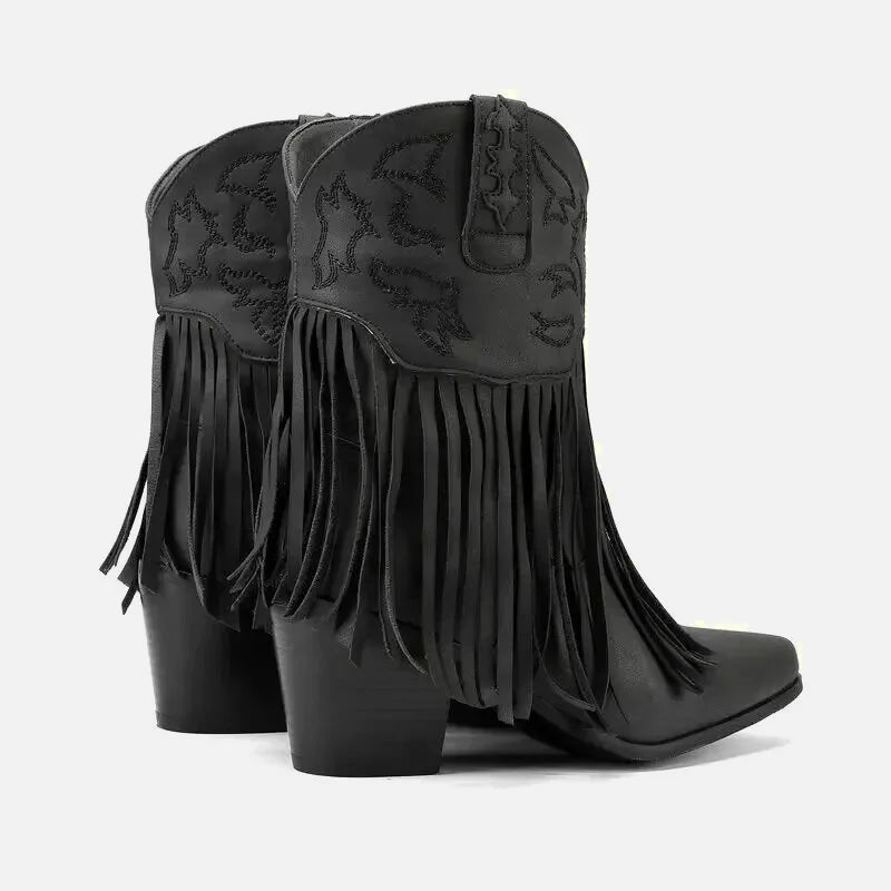 Chaussures santiag pour femme Yehaw Dalia en noir, avec détails élégants et semelle robuste, vue de côté.