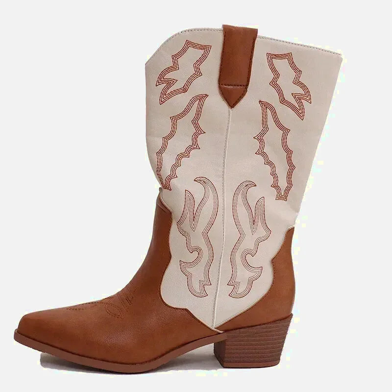 Chaussures santiag pour femme Yehaw Daniela en marron et blanc, style élégant et tendance, vue de profil.