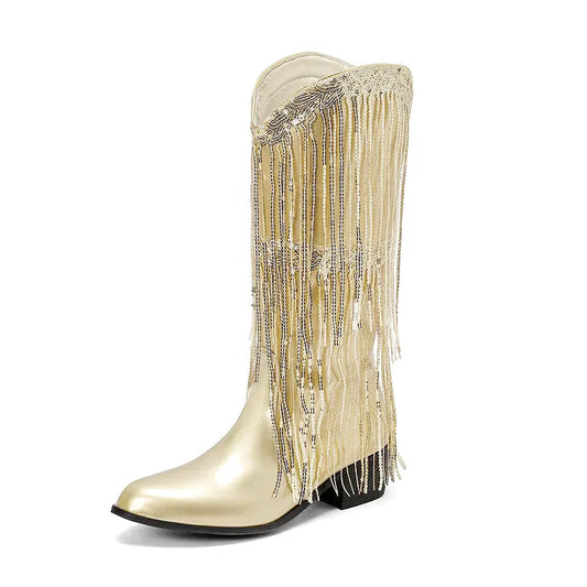 Botas vaqueras pour femme DELFINA Yehaw MX en or avec détails en cuir, semelle solide et design élégant.