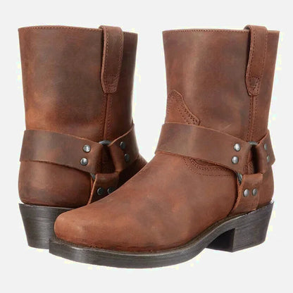 Chaussures santiags pour homme Yehaw Denver en marron, avec détails en cuir et semelle robuste, vue de profil.