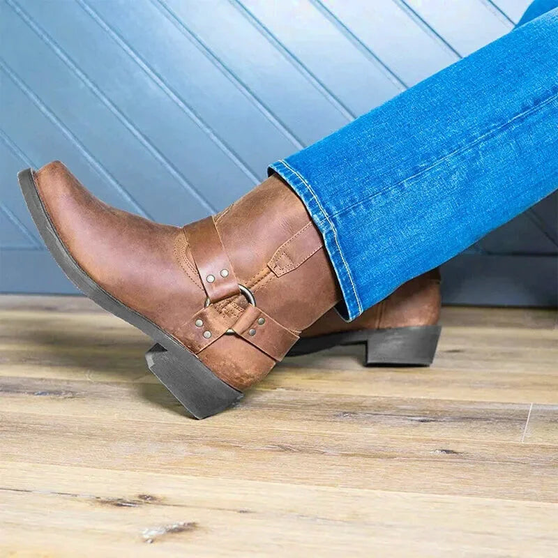 Chaussures santiags pour homme Yehaw Denver en marron, en cuir, avec semelle robuste et design élégant.