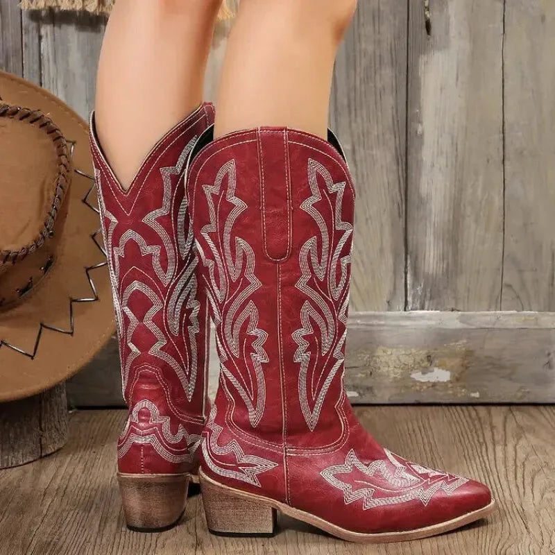 Chaussures Fanny Santiag pour femme Yehaw de couleur rouge, détail de la semelle et du design en cuir.