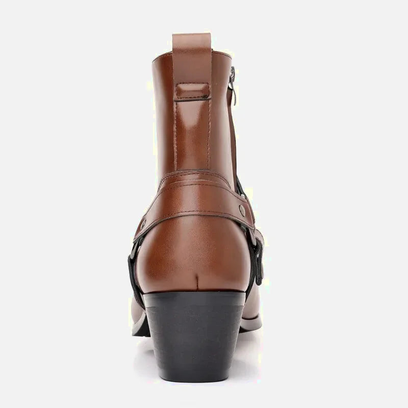 Santiags pour homme Yehaw George Santiag en cuir marron, style robuste avec détails de couture, taille 38.