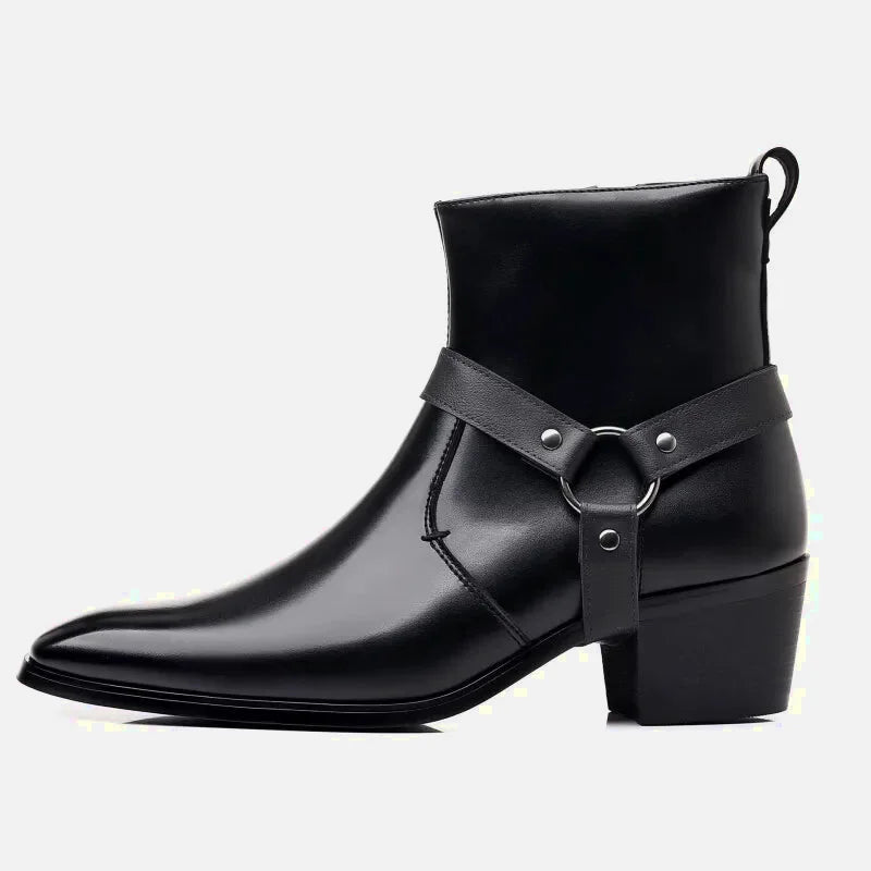 Chaussures santiag pour homme GEORGE Yehaw en cuir noir, style élégant et moderne, pointure 38, vue de face sur fond blanc.