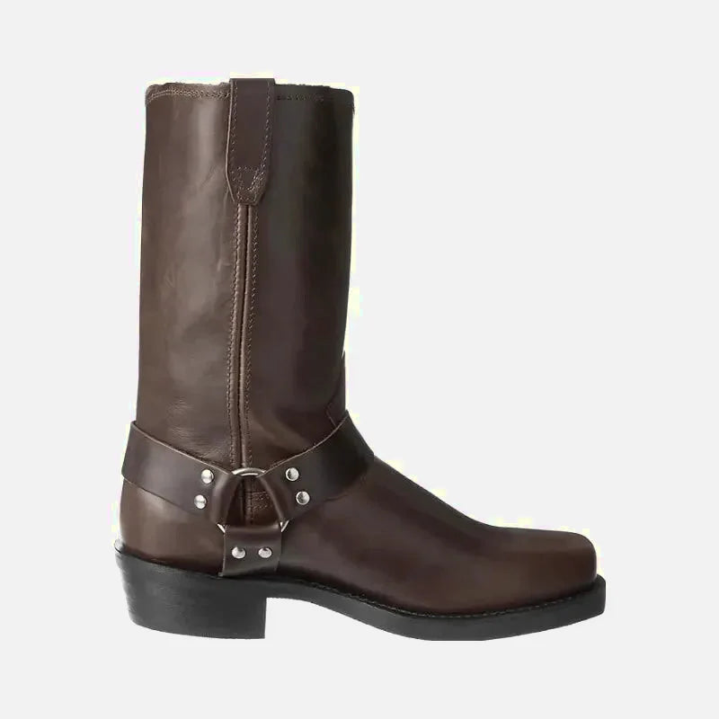 Chaussures santiag pour homme Yehaw en cuir marron foncé, style robuste et élégant, visibles de face avec détails de couture.