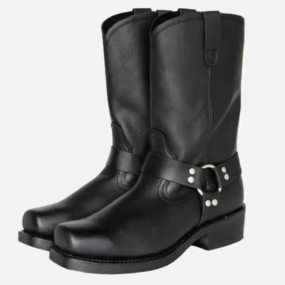 Bottines GHOST Santiag pour homme Yehaw en cuir noir, avec semelle fine et design élégant, vue de face sur fond blanc.