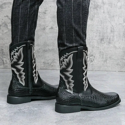 Santiags pour homme Yehaw Hector en cuir noir, avec détails de couture et semelle robuste, style élégant et décontracté.