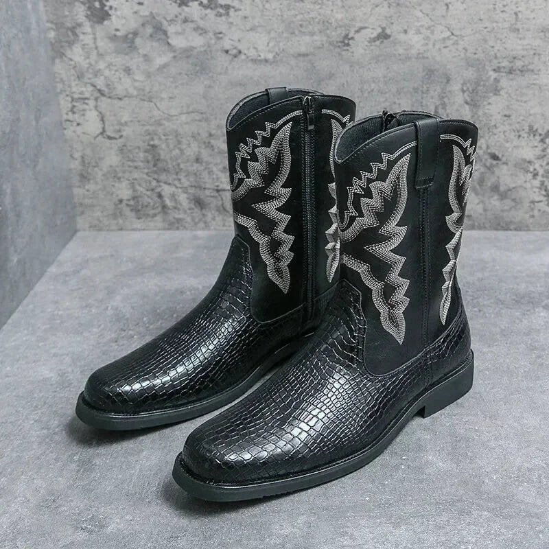 Chaussures santiags pour homme Yehaw Hector en noir, vue frontale avec détails en cuir et semelle robuste.