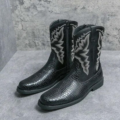 Chaussures santiags pour homme Yehaw Hector en noir, vue frontale avec détails en cuir et semelle robuste.