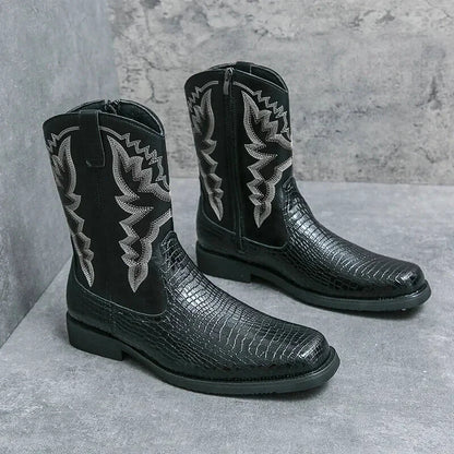 Chaussures santiags pour homme Yehaw Hector en cuir noir, style élégant et robuste, vue de face.