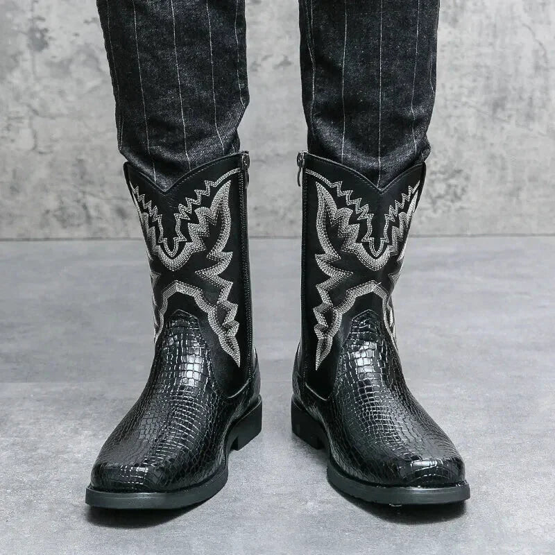 Chaussures santiag pour homme Yehaw Hector en cuir noir, style élégant avec talon et détails de couture.